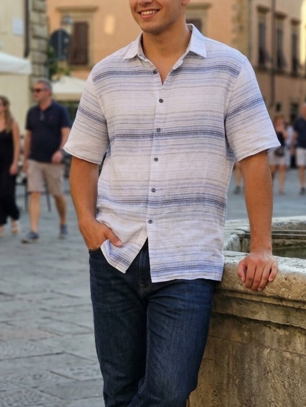Tasso Elba Men’s White and Blue Striped Short-Sleeve Button-Down Shirt, Size L
